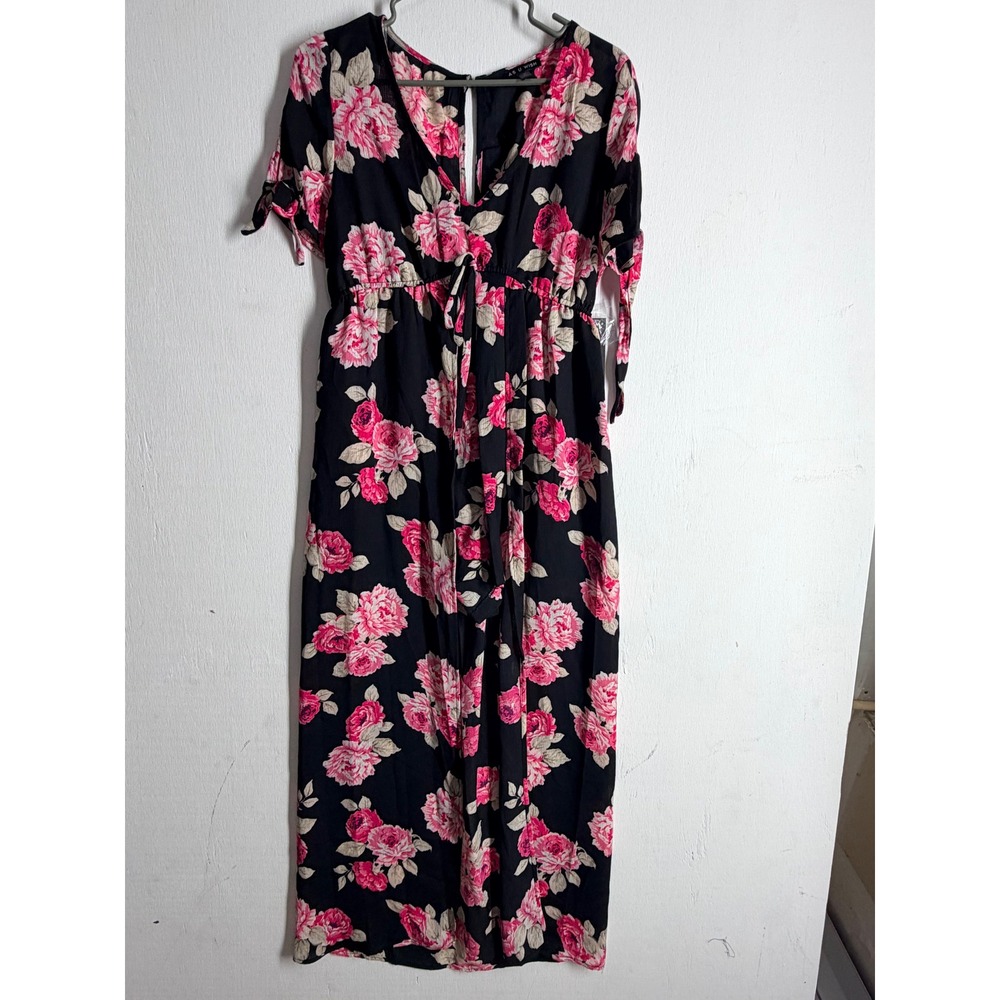 As U Wish Pink Floral Maxi Dress Black Rose Print V-Neck Tie Sleeve Boho Medium